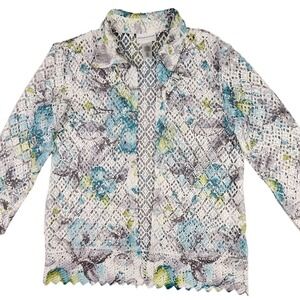 Alfred Dunner Lace Cardigan Blue Floral‎ Medium Crochet Open Front Versailles